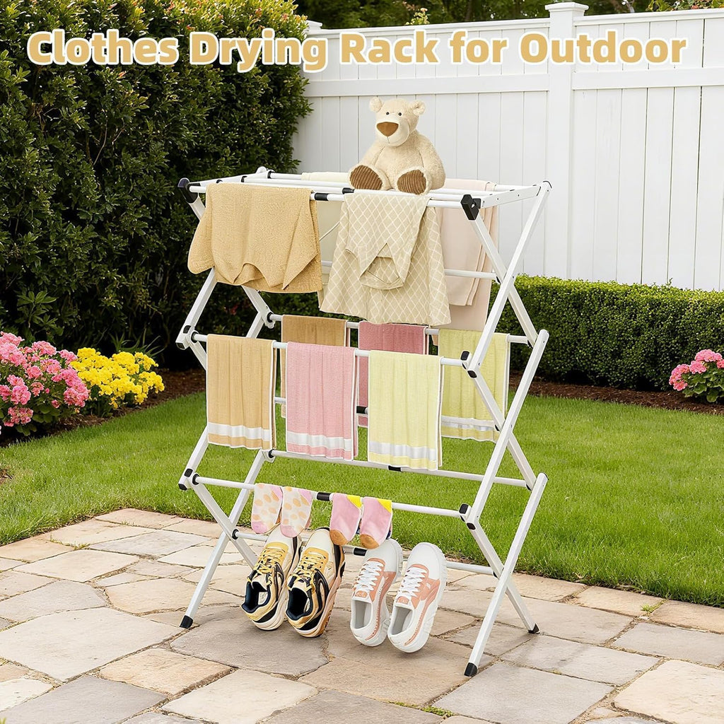 Space Saving Foldable Clothes Drying Rack, Extendable Rustproof Laundry Rack for Indoor Outdoor Use, No Assembly
