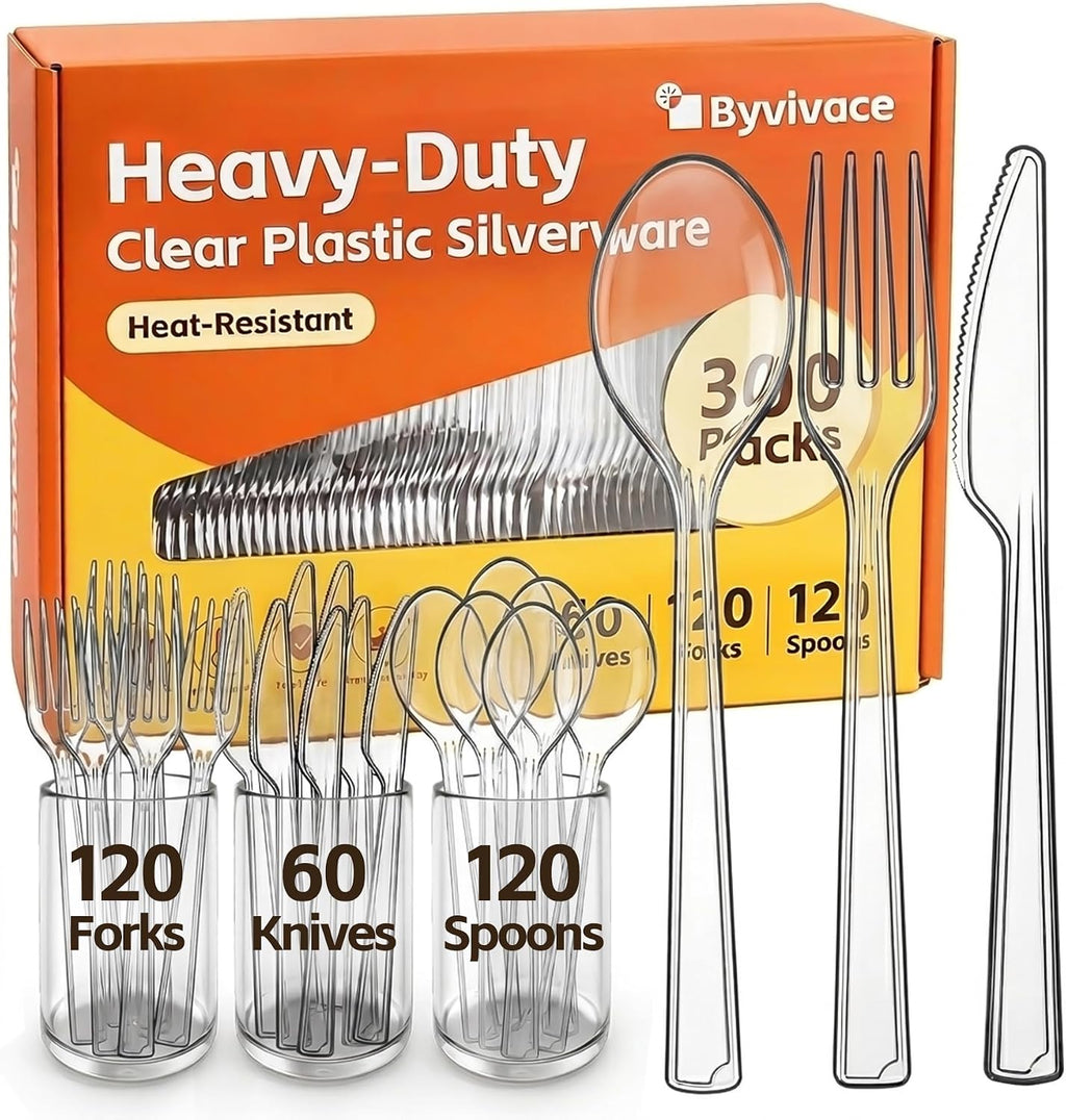 300 Count Heavy Duty Plastic Silverware, Bulk Disposable Utensils for Party