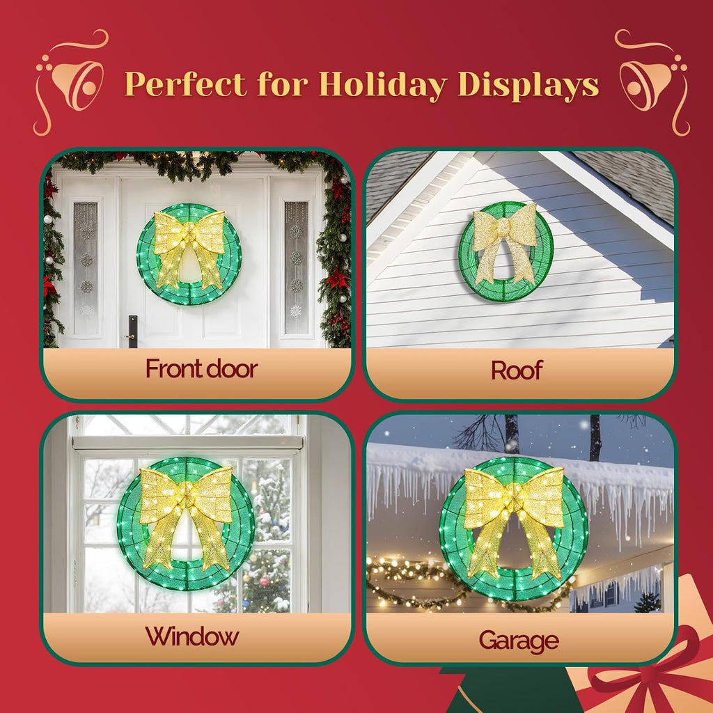 24in Pre Lit Christmas Wreath for Front Door Mantel & Stair Railing with Lights Indoor Outdoor Doorway Decor