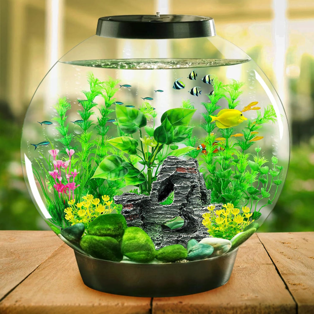 Fish Tank Accessories Artificial Plants, 9pcs Green Aquarium Decorations Plants and Cave Rock Decor Set, Aquarium