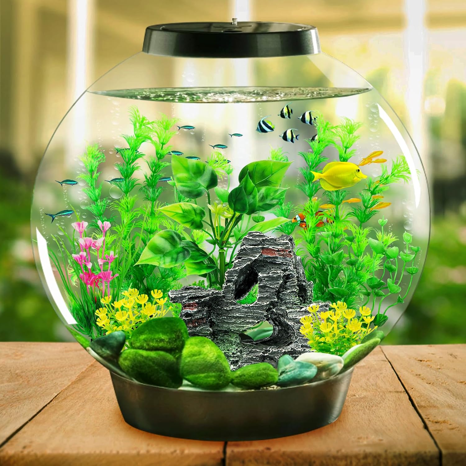 Fish Tank Accessories Artificial Plants, 9pcs Green Aquarium Decorations Plants and Cave Rock Decor Set, Aquarium