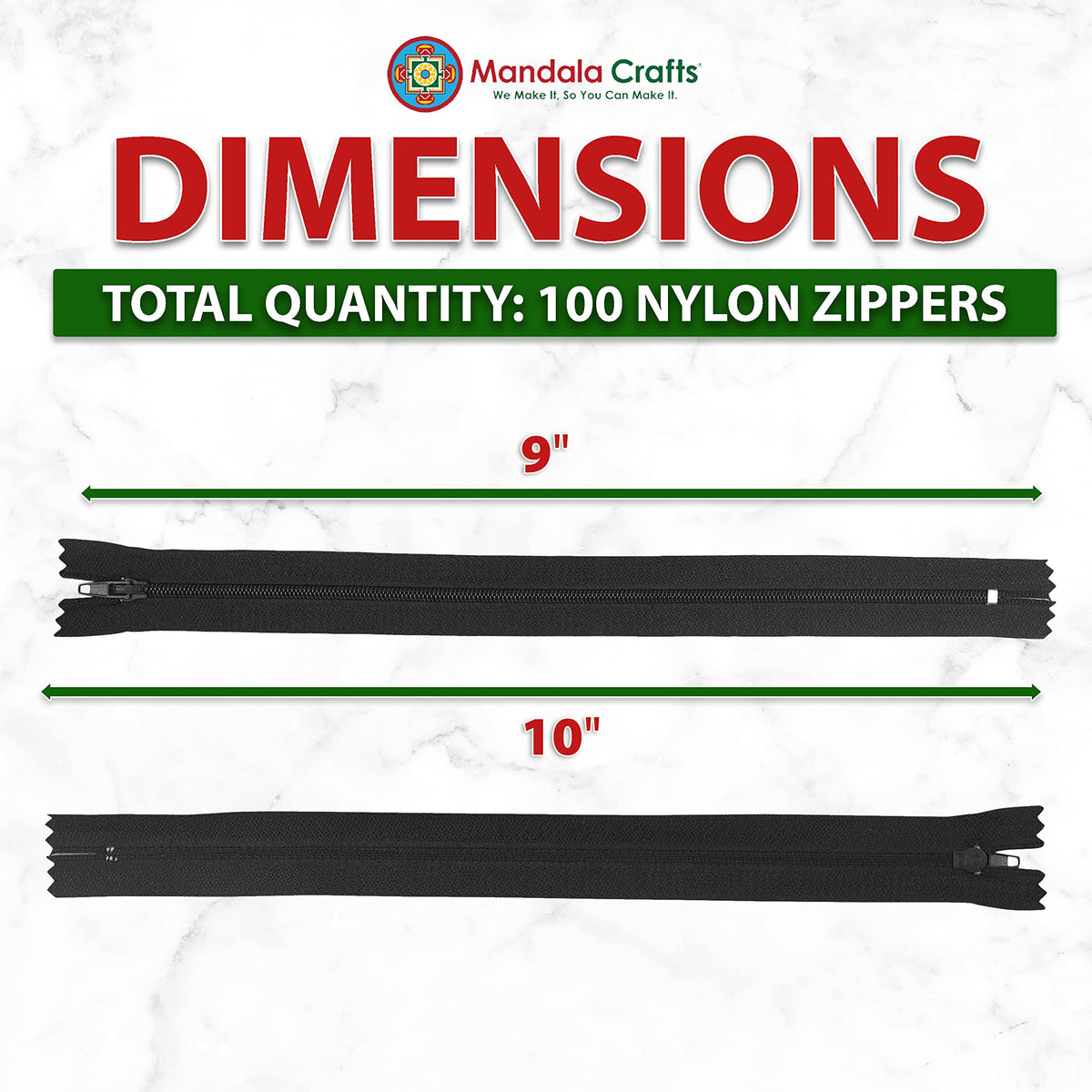 100 PCs Assorted Closed-End 9 Inch Nylon Zippers for Sewing