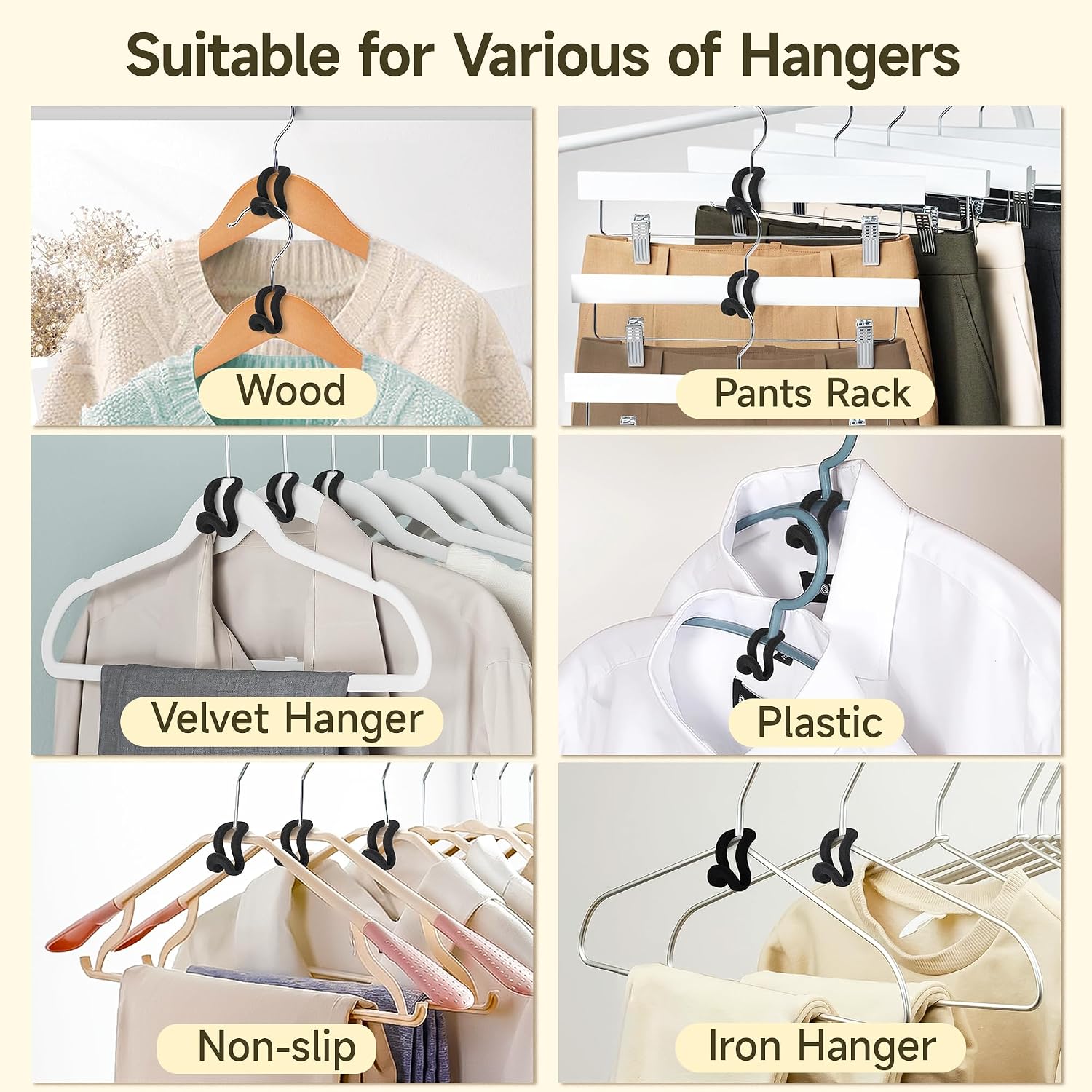 60 Pack Velvet Space Saving Hanger Connector Hooks for Closet, Black | Cascading Hanger Hooks, College Dorm Essentials