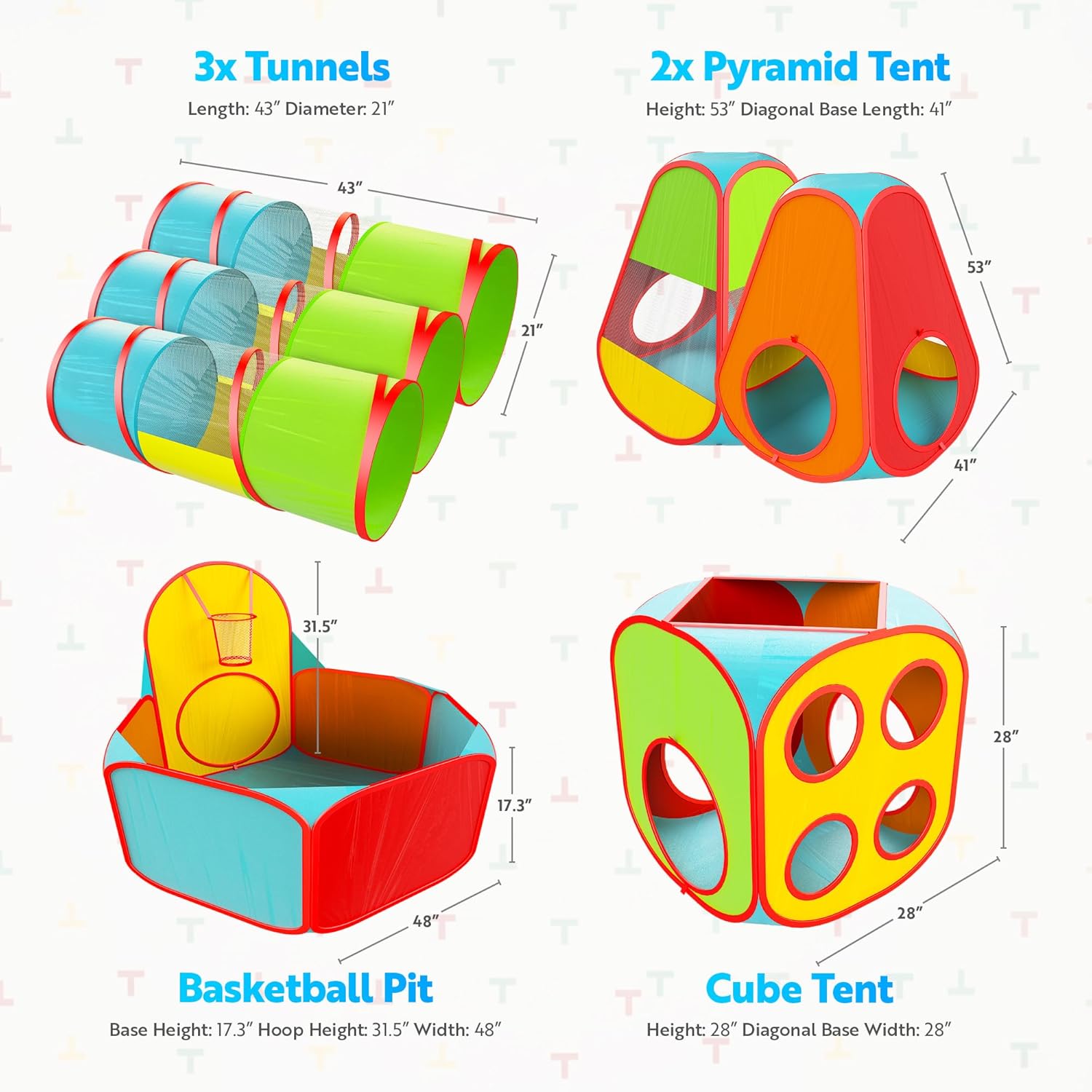 7pc Kids Play Tent with 1 Big Ball Pit for Babies, 3 Play Tunnel for Toddlers, and 3 Pop Up Tents Playhouse Bundle