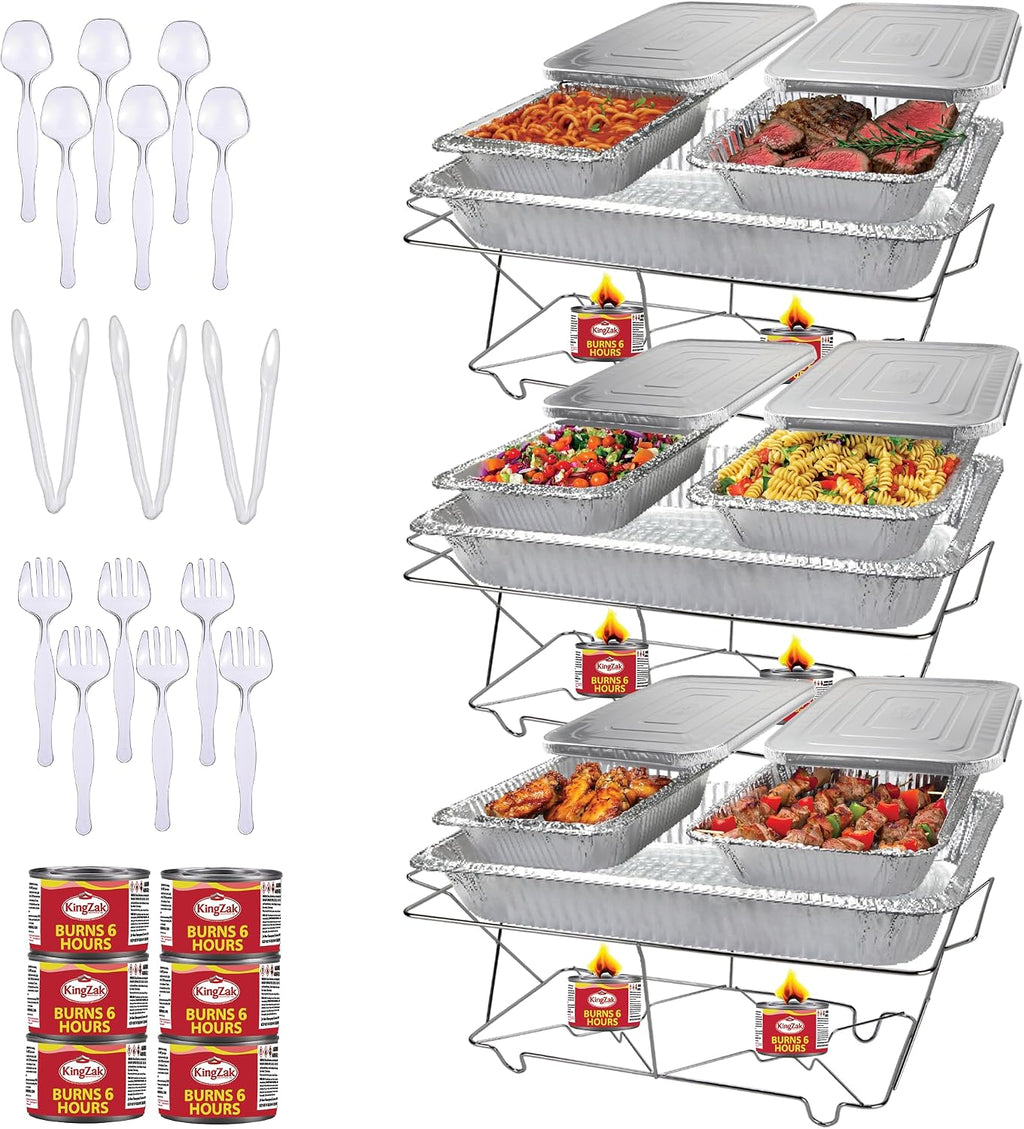 Full Size 39-Pcs Disposable Chafing Buffet Set with 6hr Fuel Cans, Covers, Serving Utensils - Premium Chafing Dish