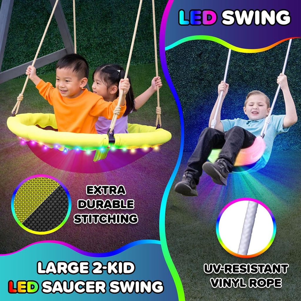 Amelia Galaxy Cedar Wooden Swing Set for Night Play with 2 LED Swings, Play Fort with Sandbox, Heavy Duty Double