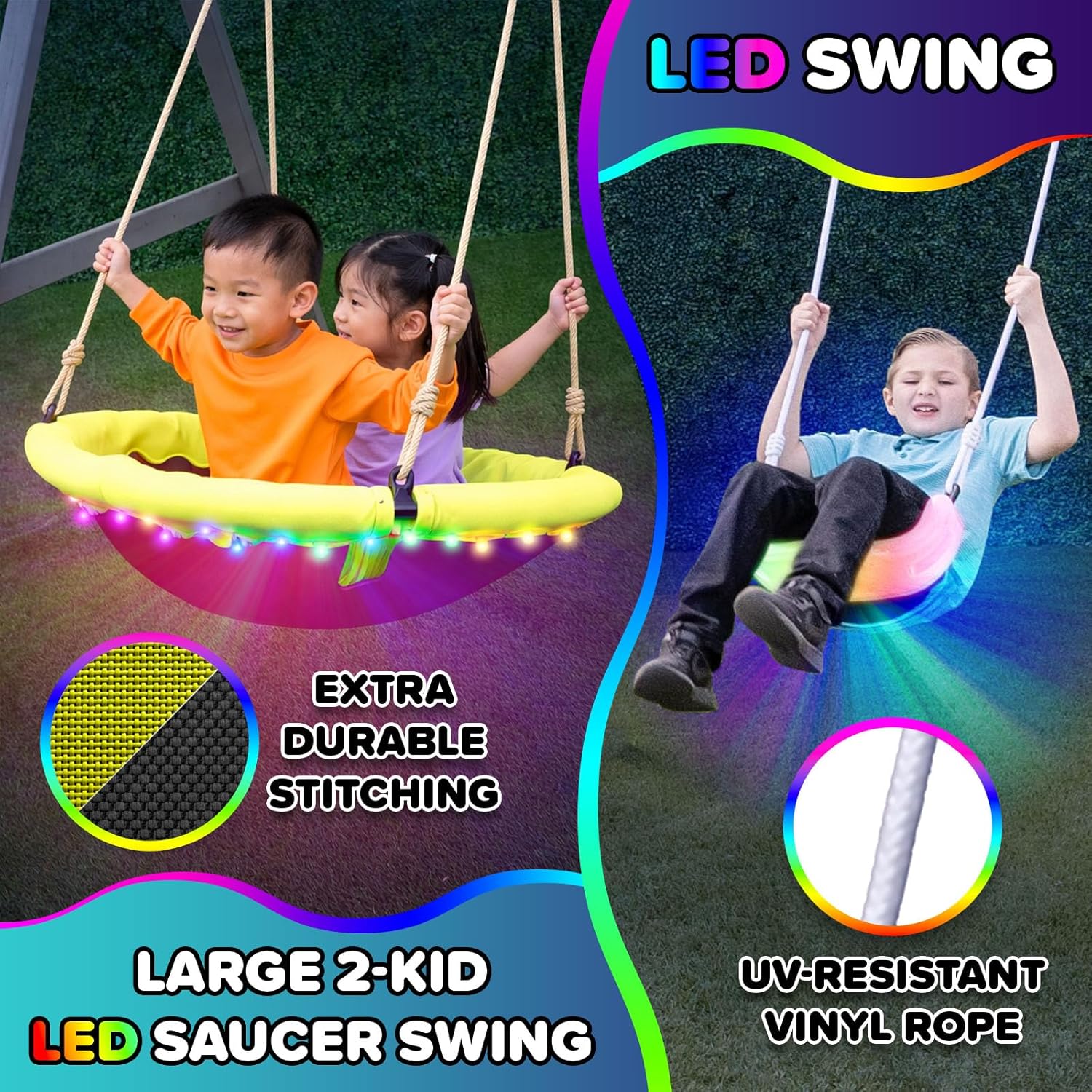 Amelia Galaxy Cedar Wooden Swing Set for Night Play with 2 LED Swings, Play Fort with Sandbox, Heavy Duty Double