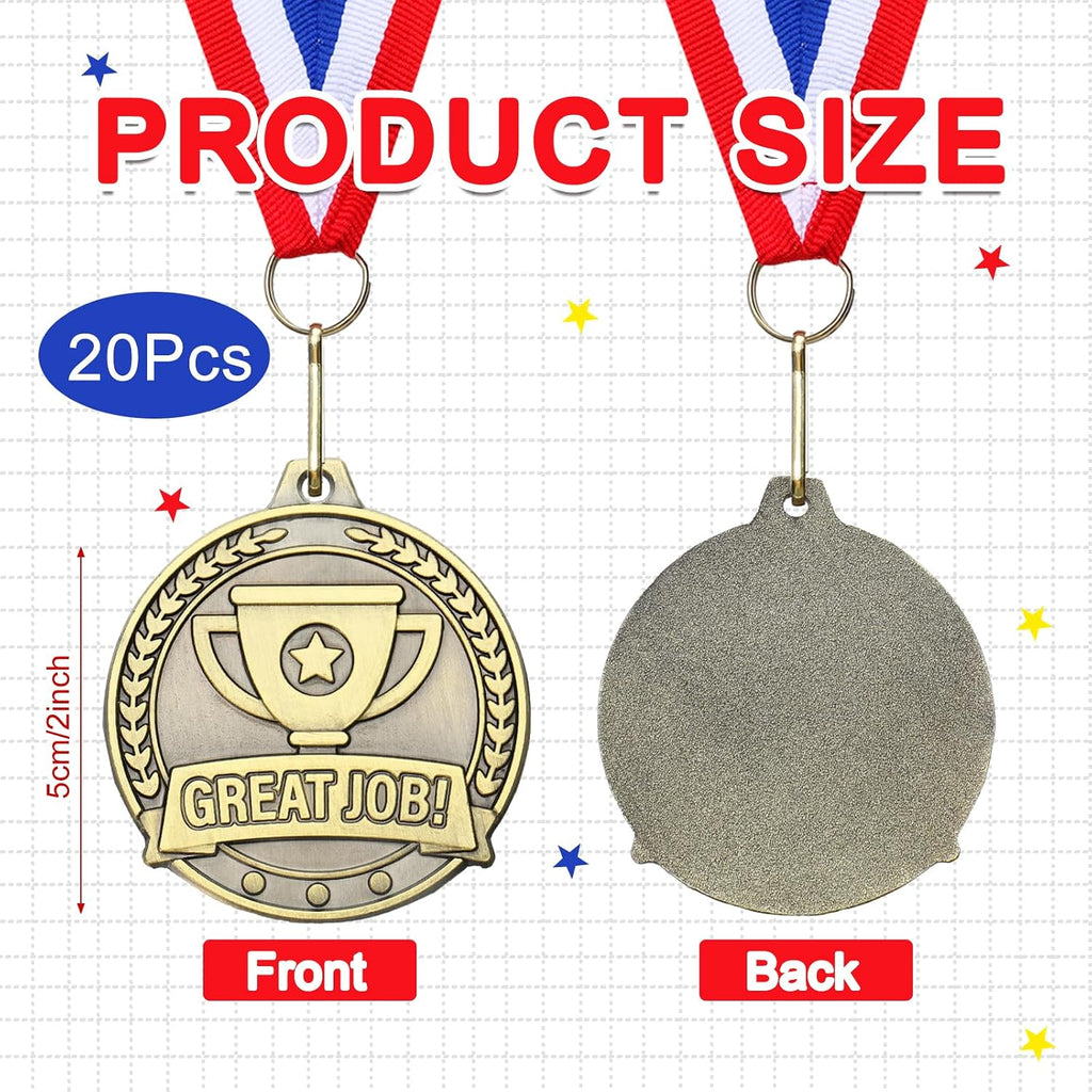 20 Pcs 2'' Gold Medals for Awards Bulk Gold Winner Medals with Neck Ribbons Metal Trophy Award Prize Gift for School