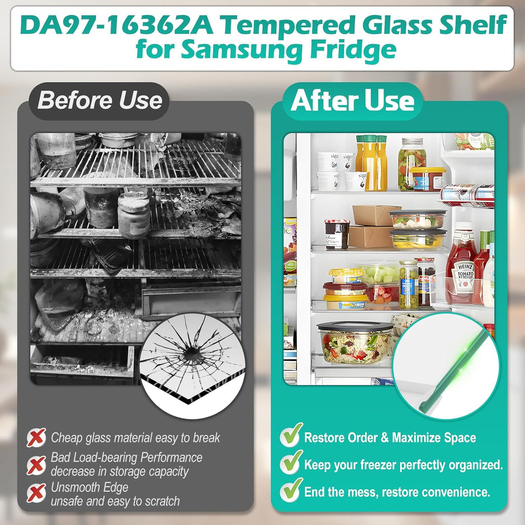 UPGRADED DA97-16362A Refrigerator Glass Shelf Compatible with Samsung Fridge Shelf Replacement DA97-16362T Fit models RS22T5561SG RS23A500ASR RS22T5201SR RS22T5561SR Shelves Upper Tempered Glass