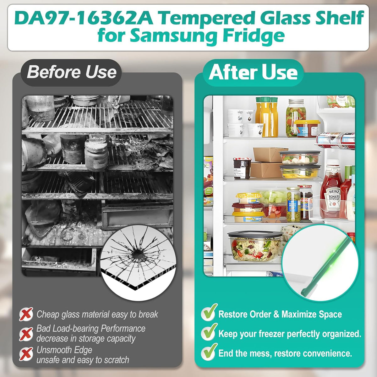 UPGRADED DA97-16362A Refrigerator Glass Shelf Compatible with Samsung Fridge Shelf Replacement DA97-16362T Fit models RS22T5561SG RS23A500ASR RS22T5201SR RS22T5561SR Shelves Upper Tempered Glass
