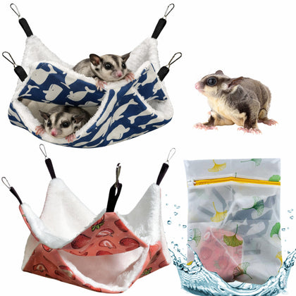 Sugar Glider Hammock Pouch Cage Accessories, 2pcs Warm 2-Tier Bunkbed Hanging Hammock and Laundry Bag, Sugar Glider