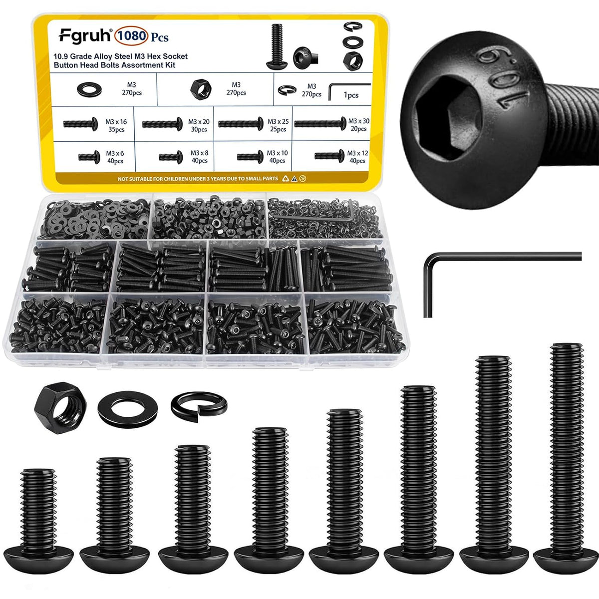 1080PCS M3 Button Screws Assortment Kit, M3x6/8/10/12/16/20/25/30 mm