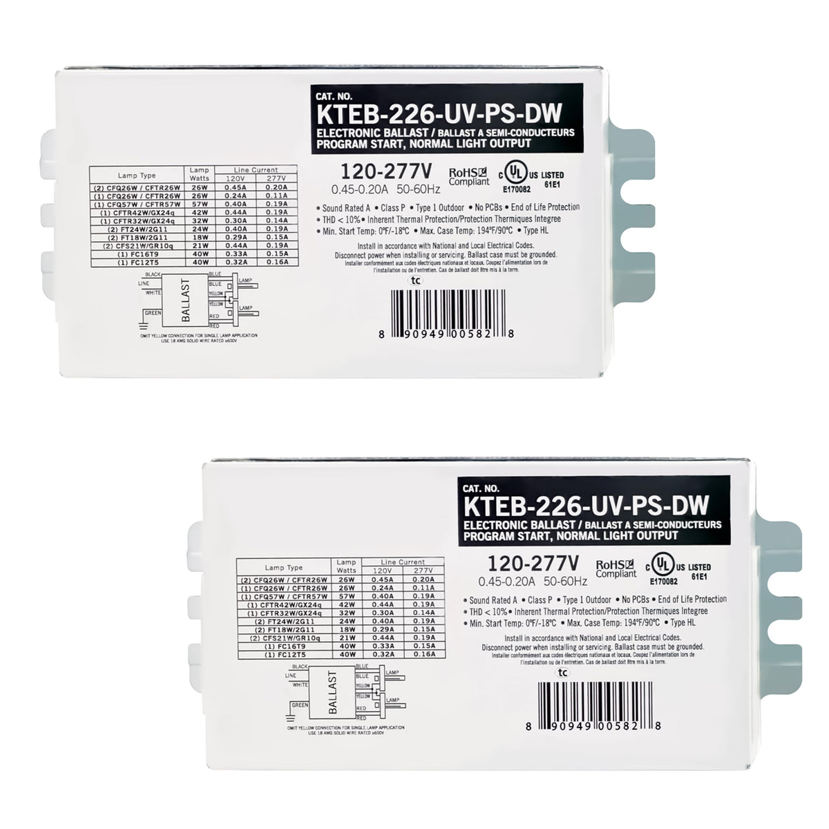 2 Lamp CFL Electronic Ballast, 26W, 120-277V, 2 Pack