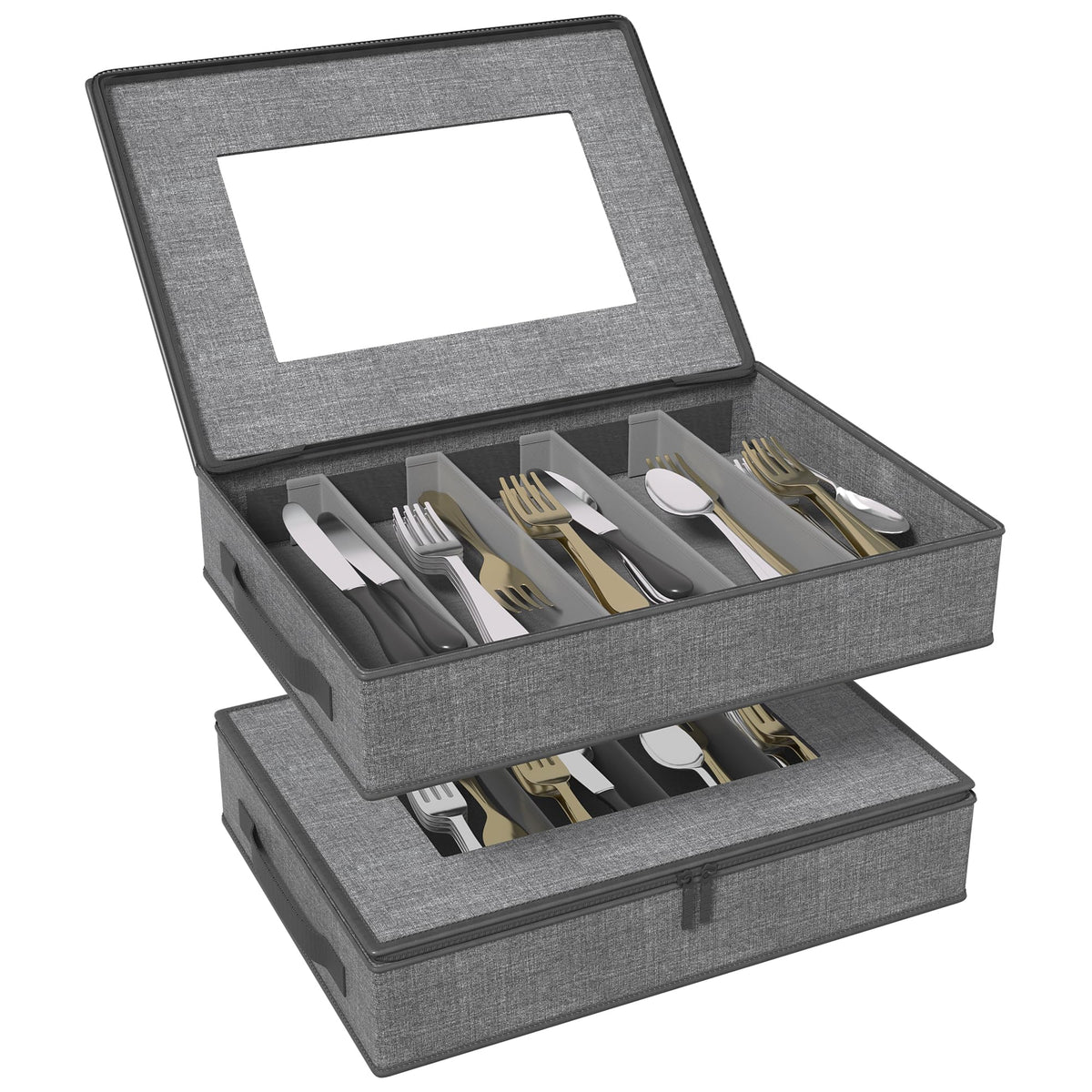 2-Pack Silverware Storage Box, Flatware Organizer with Clear Lid, Grey