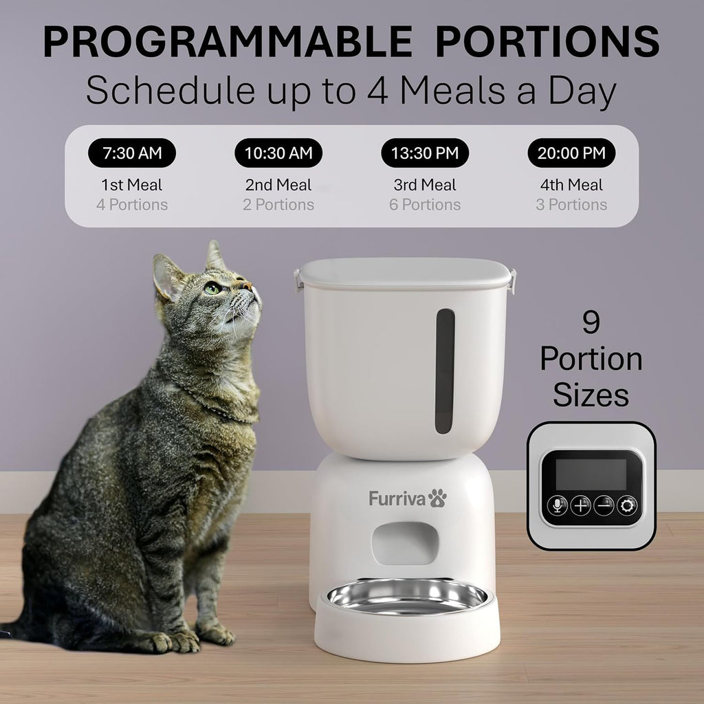 Automatic Cat Feeder and Water Fountain Set, White - 3L Feeder & 2L Fountain, Stainless Steel Bowl, Locking Lid