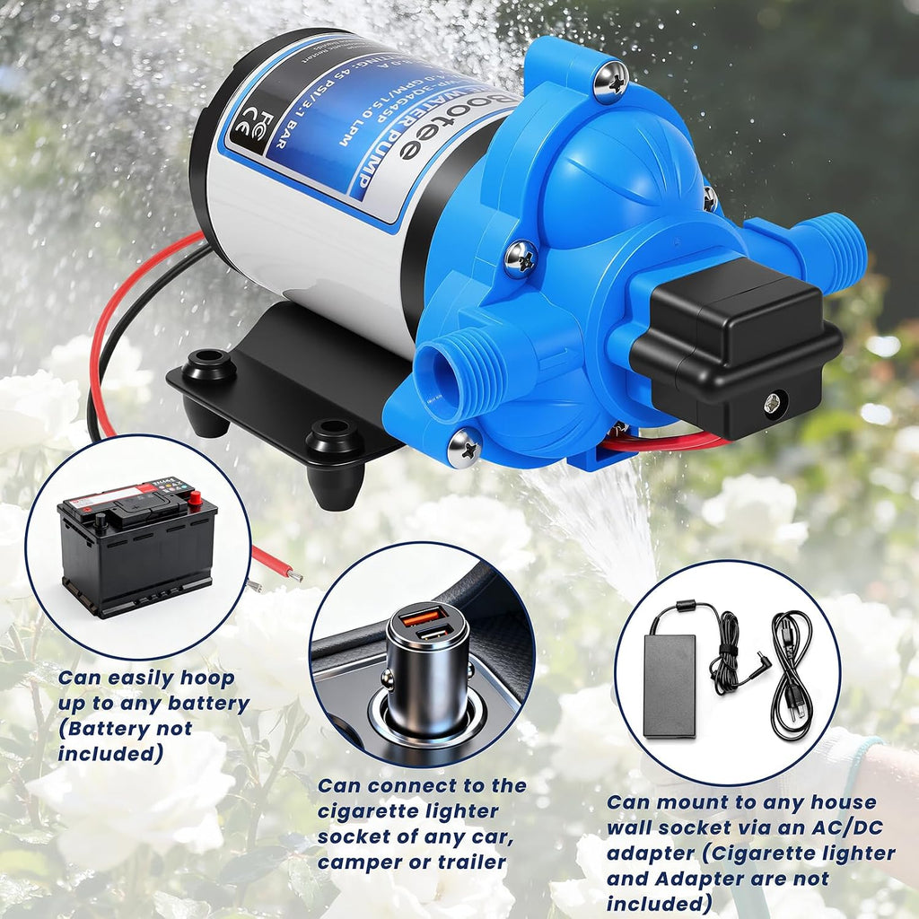 Bootee 12V RV Water Pump, 4.0 GPM 45PSI Automatic Pressure Switch, Self-Priming Fresh Water Pump for RV Marine Camping, 12 Volt DC Water Transfer Pump with Thermal Protection