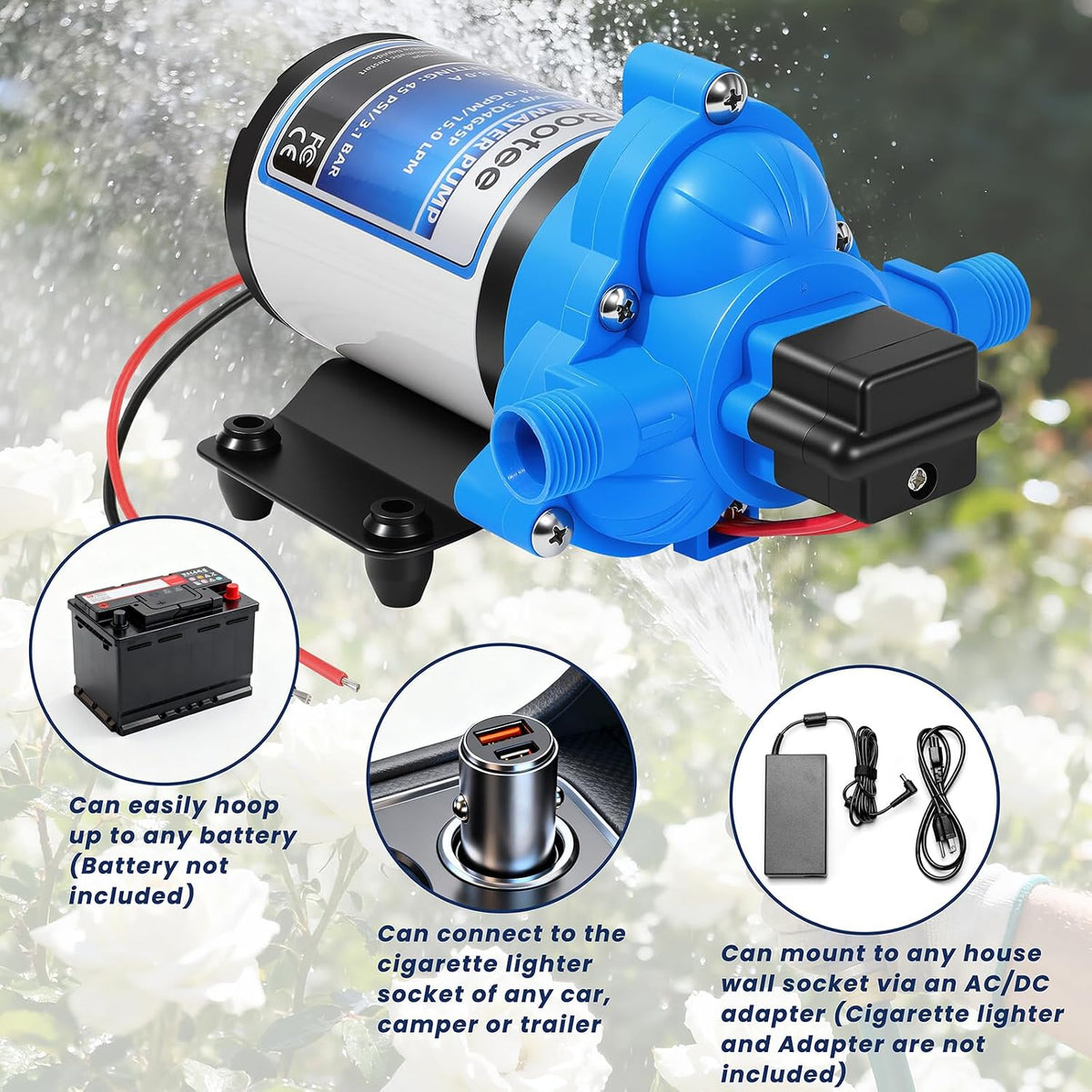 Bootee 12V RV Water Pump, 4.0 GPM 45PSI Automatic Pressure Switch, Self-Priming Fresh Water Pump for RV Marine Camping, 12 Volt DC Water Transfer Pump with Thermal Protection