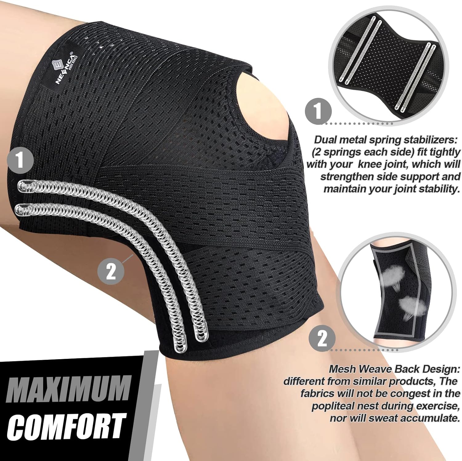 Knee Brace for Knee Pain, Compression Knee Support with Air Mesh Fabric, Adjustable Knee Wrap with Side Stabilizers
