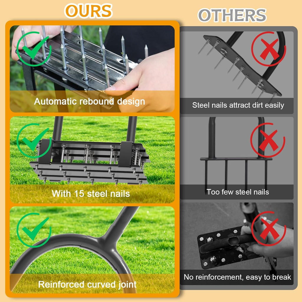 Aerator Lawn Tool - 2-in-1 Reinforced Heavy Duty Manual Lawn Aerator with 15 Spikes, Automatic Dirt and Leaf Clean