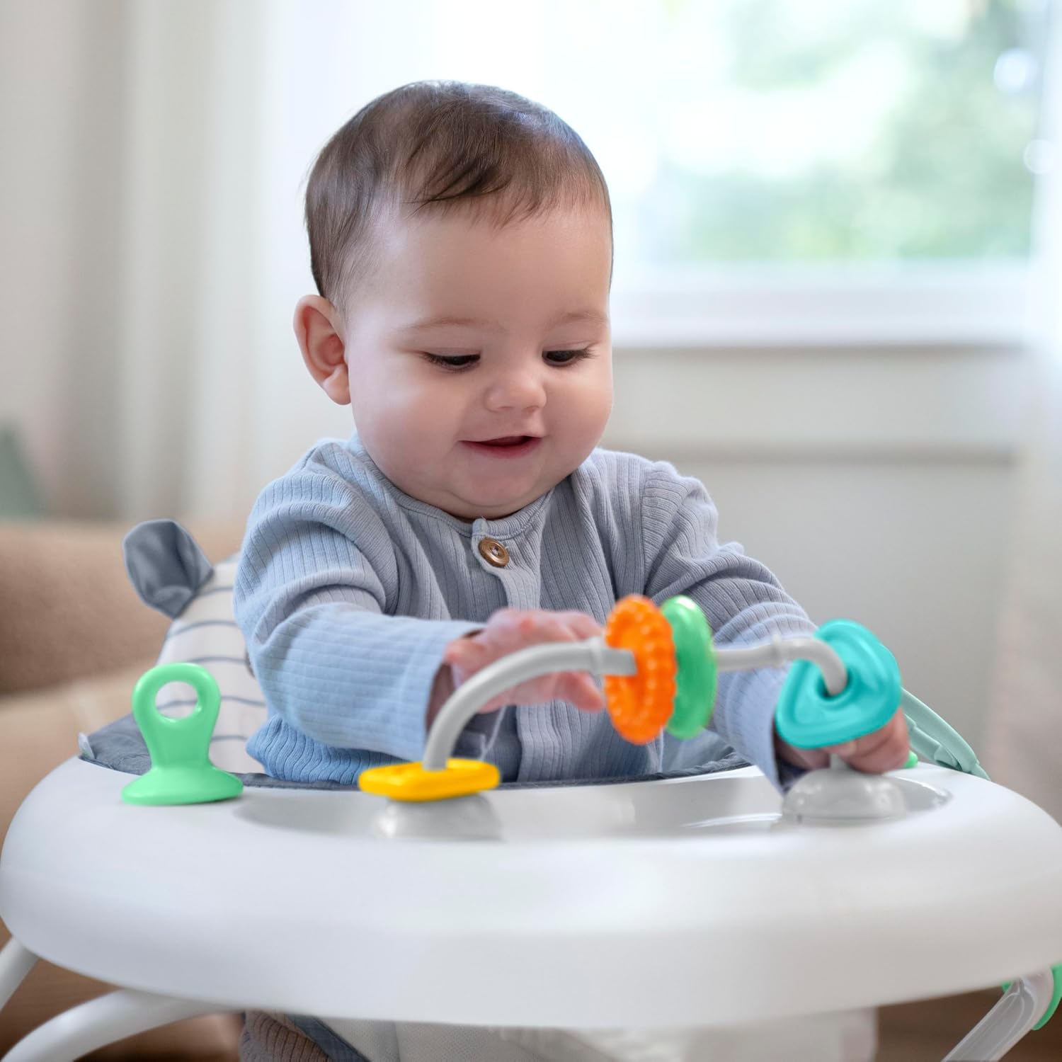 Smooth Strides Activity Baby Walker - Chambray, Developmental Walker, 3 Adjustable Heights, Toys Included, 6M-12M