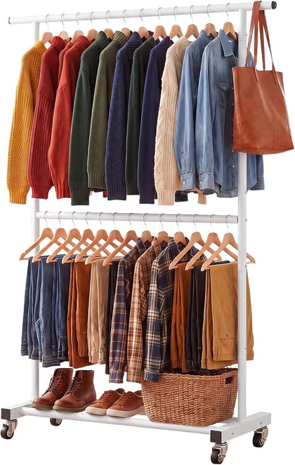 Double Rod Metal Clothing Garment Rack on Wheels, White | Rolling Clothes Organizer, for Hanging Clothes,Coats,Easy
