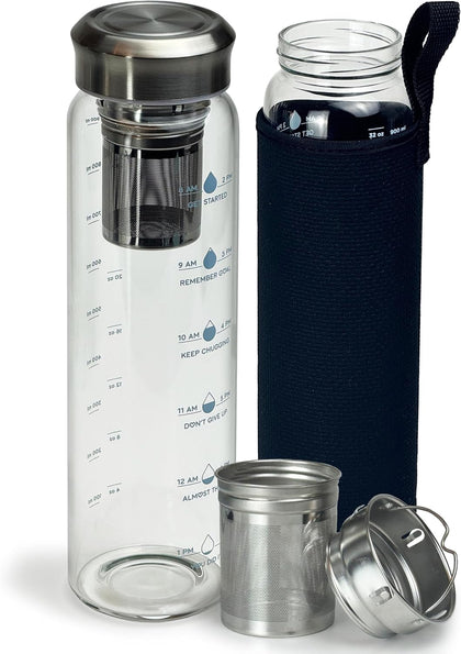 Motivational Glass Water Bottle 32 oz Borosilicate with Neoprene Sleeve and Stainless Steel Lid