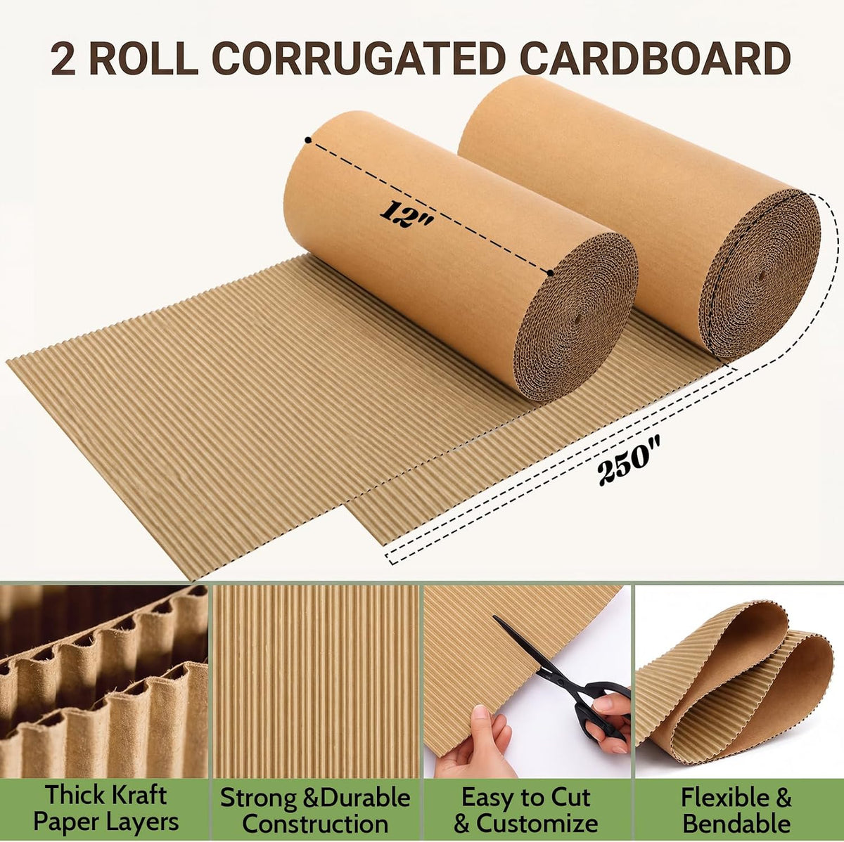 2 Roll Corrugated Cardboard 12x 250'' Brown B Flute Corrugated Sheet