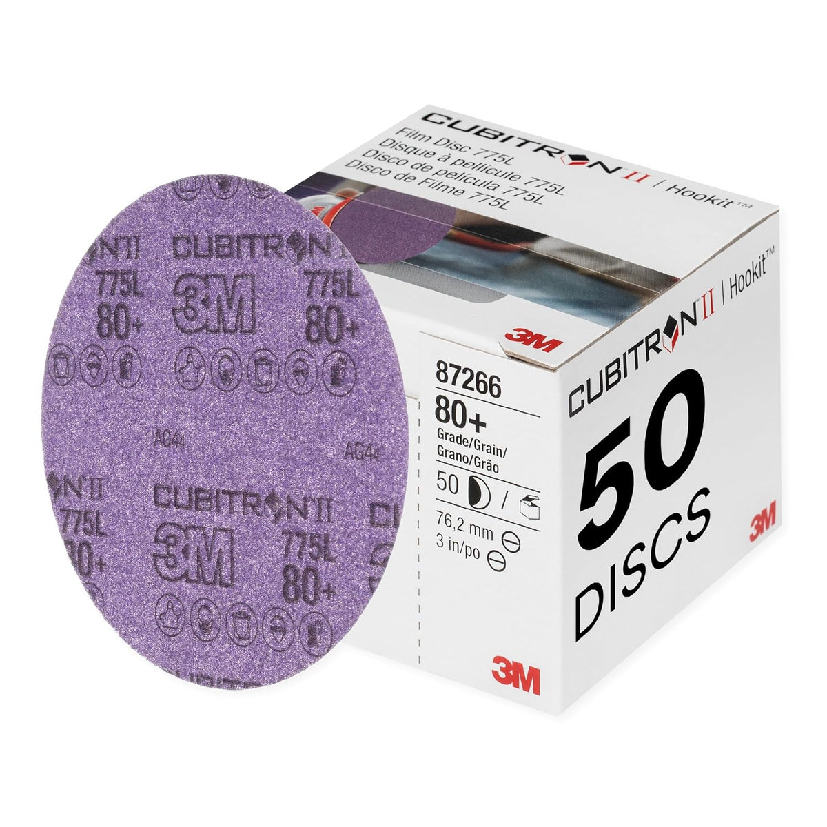3M Hookit Film Disc 775L - 80+ Grit Sanding Disc - Hook and Loop Backing - Metal, Composites, Fiberglass - For Random Orbital Sander - 3"