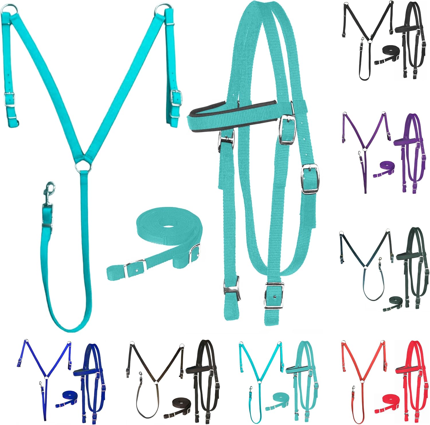 Nylon Padded Equestrian Browband Headstall, Reins & BreastCollar Set for Horse- Full