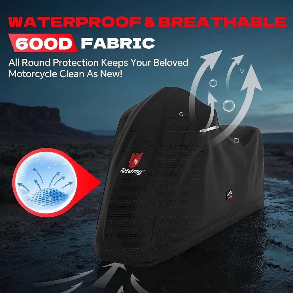 Full Enclosed Motorcycle Cover, 600D Heavy Duty Waterproof Bike Cover Outdoor Storage, Fits 86.6" for BMW Yamaha