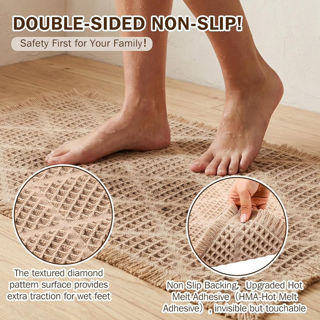 Set of 2 Upgraded Diamond Pattern Waffle Bathroom Rugs, Boho Bath Rugs Rubber Backing Non Slip, Absorbent Machine