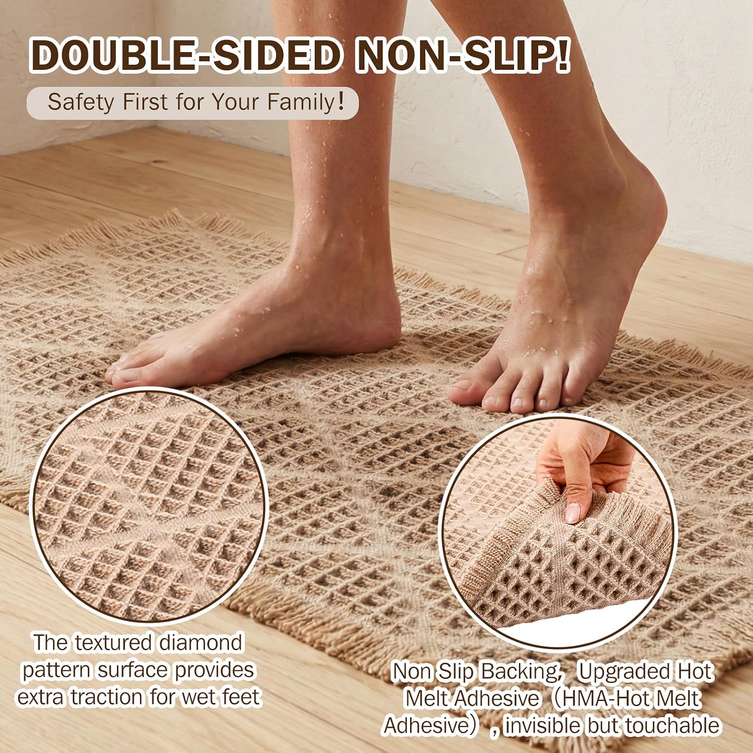 Set of 2 Upgraded Diamond Pattern Waffle Bathroom Rugs, Boho Bath Rugs Rubber Backing Non Slip, Absorbent Machine