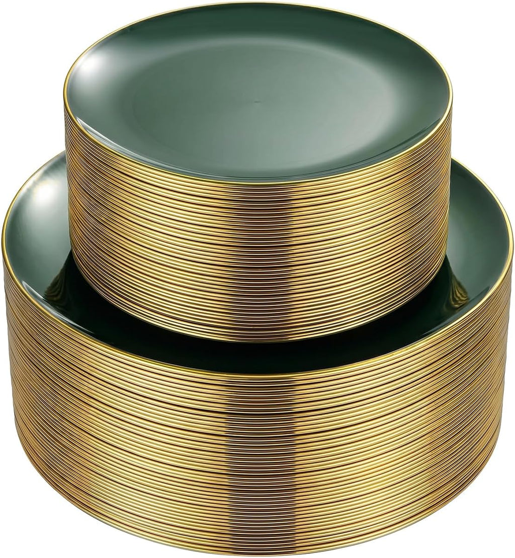 100PCS Green Plastic Plates - Green Disposable Plates With Gold Rim - Include 50 Pieces Dinner 10.25inch,50 Pieces