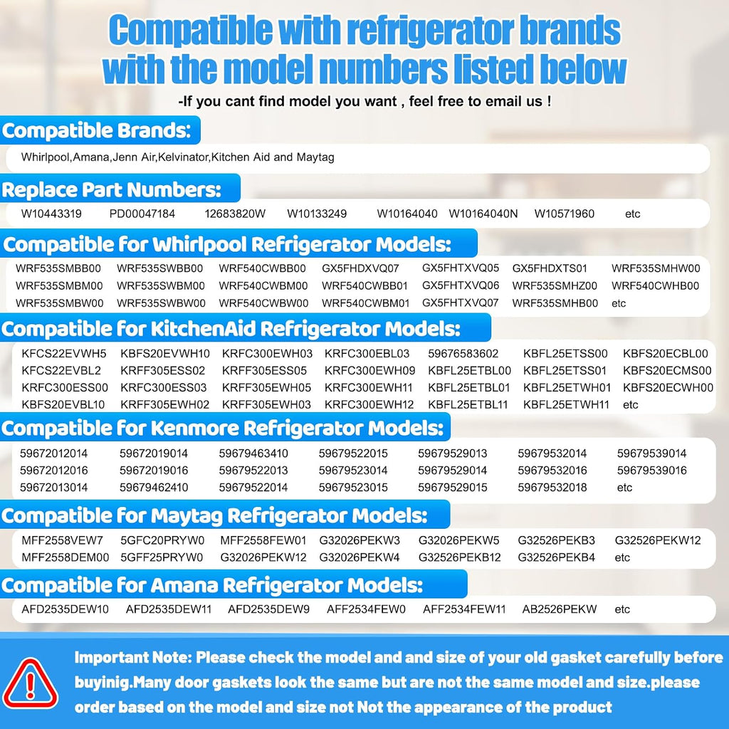 Upgraded 34.37"x 23.03" W10443319 Refrigerator Freezer Door Gasket Compatible with Whirlpool,Kenmore and Kitchen Aid Freezer Door Seal W10133249 W10164040 W10571960 WRF535SMBB00 WRF535SMBM00 White