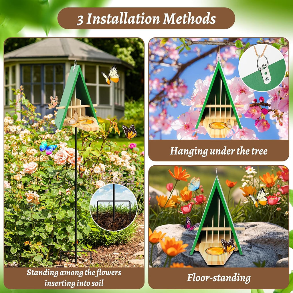 New Butterfly House and Feeder, Wooden Butterfly House with Metal Stake