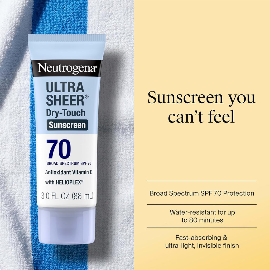 Neutrogena Ultra Sheer Dry Touch Sunscreen Lotion, SPF 70, 3 fl. oz | Broad Spectrum for UVA/UVB Protection