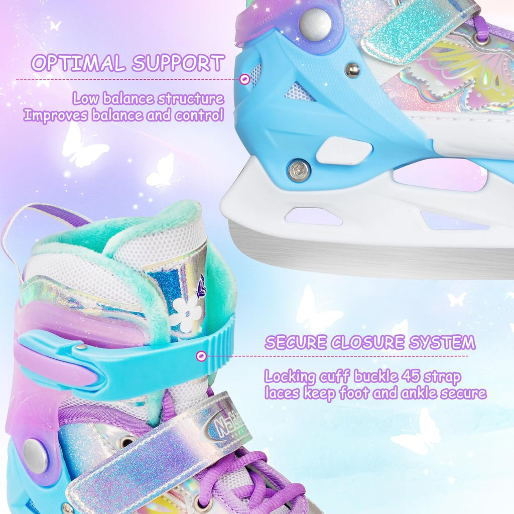 Girls Ice Skates for Kids 4 Size Adjustable Butterfly Ice Skate with Fleece Lining for Outdoor & Rink