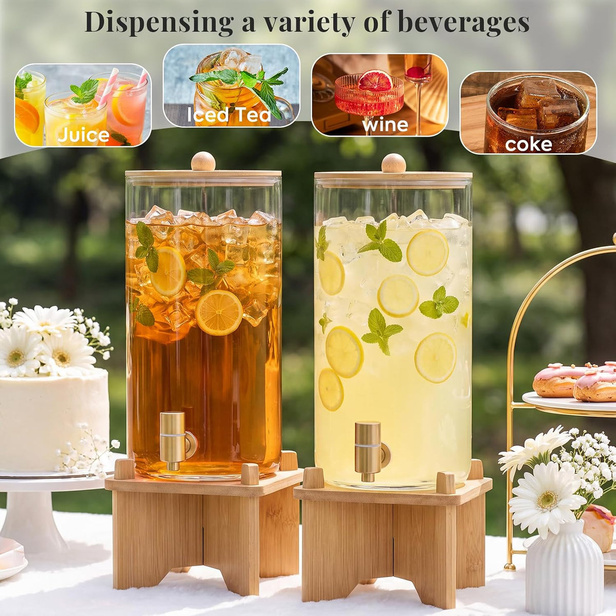 2pcs 1.5 Gallon Glass Drink Dispenser with Bamboo Stand