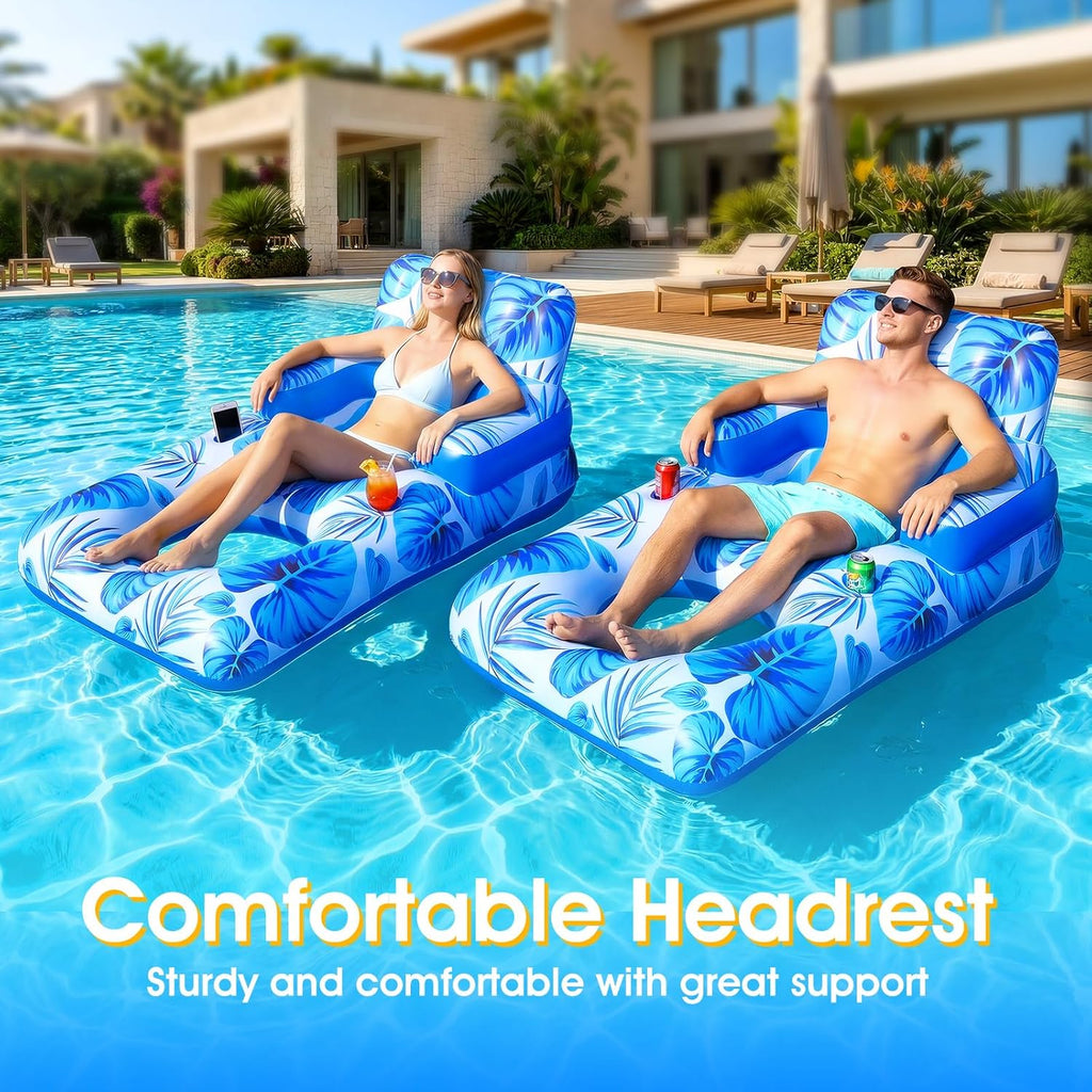Pool Floats Adult, 65" Thicken PVC Inflatable Pool Chair Lounger Rafts with Cup & Phone Holder & Headrest Backrest