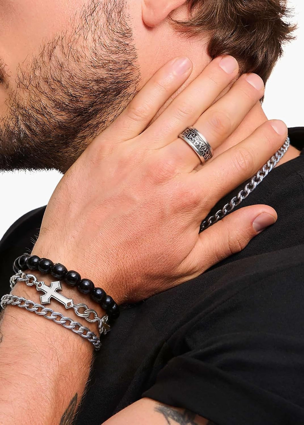 Jewelry Set for Men Silver Stainless Steel Cuban Link Necklace Bracelet Rings Hoop Stud Earrings Mens Jewelry Set