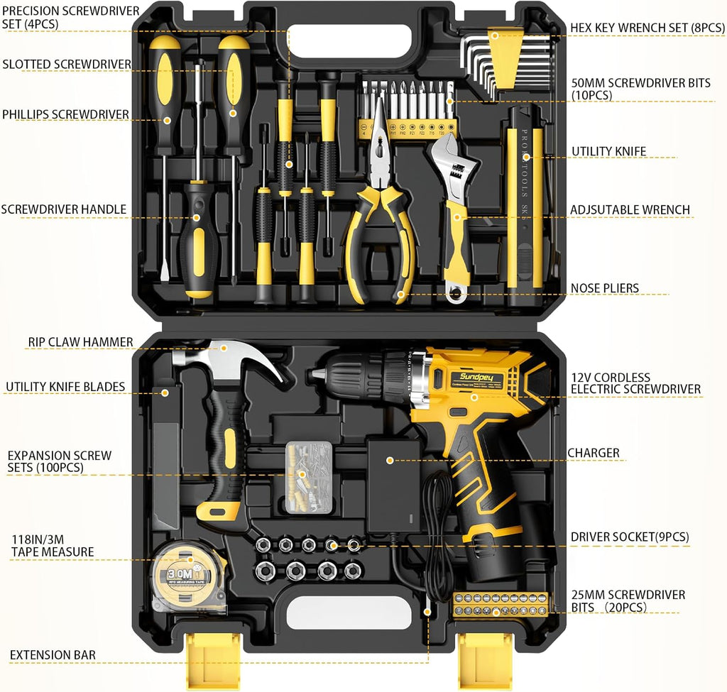 Home Tool Kit with Drill - 166-Piece General Basic Home Repair Tool Set with 12V Cordless Power Drill & Battery &