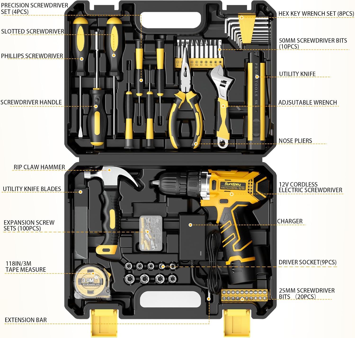 Home Tool Kit with Drill - 166-Piece General Basic Home Repair Tool Set with 12V Cordless Power Drill & Battery &