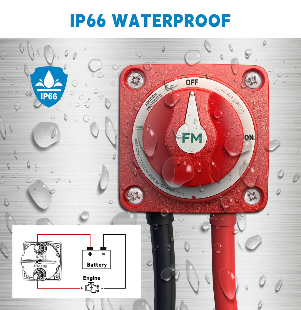 FASTSTORM 12V-48V 300A Waterproof Battery Disconnect Switch with 1FT Cable