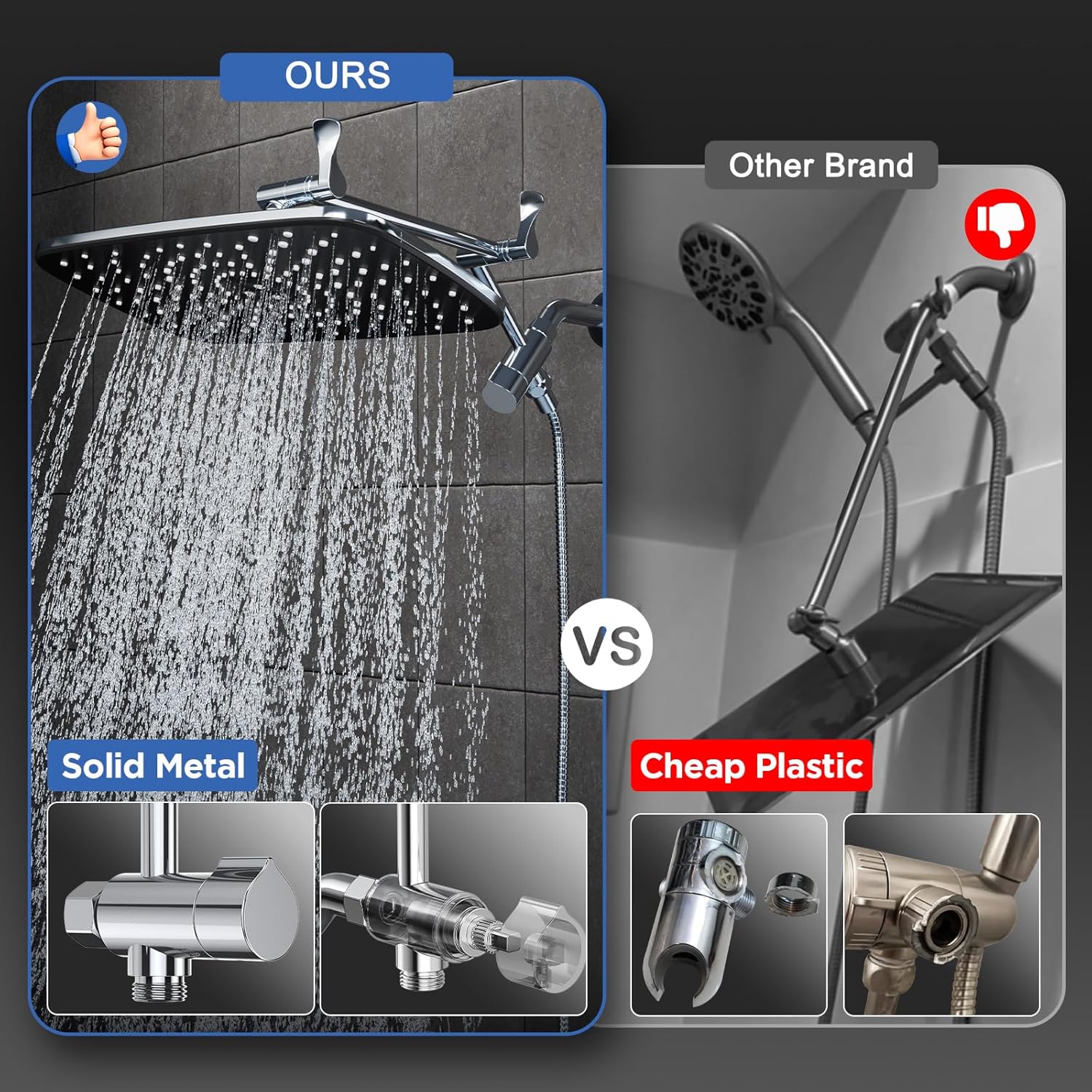 11.8" High Pressure Shower Head with Handheld, Metal Core Fittings | Handheld Shower Heads with Multi Spray Modes