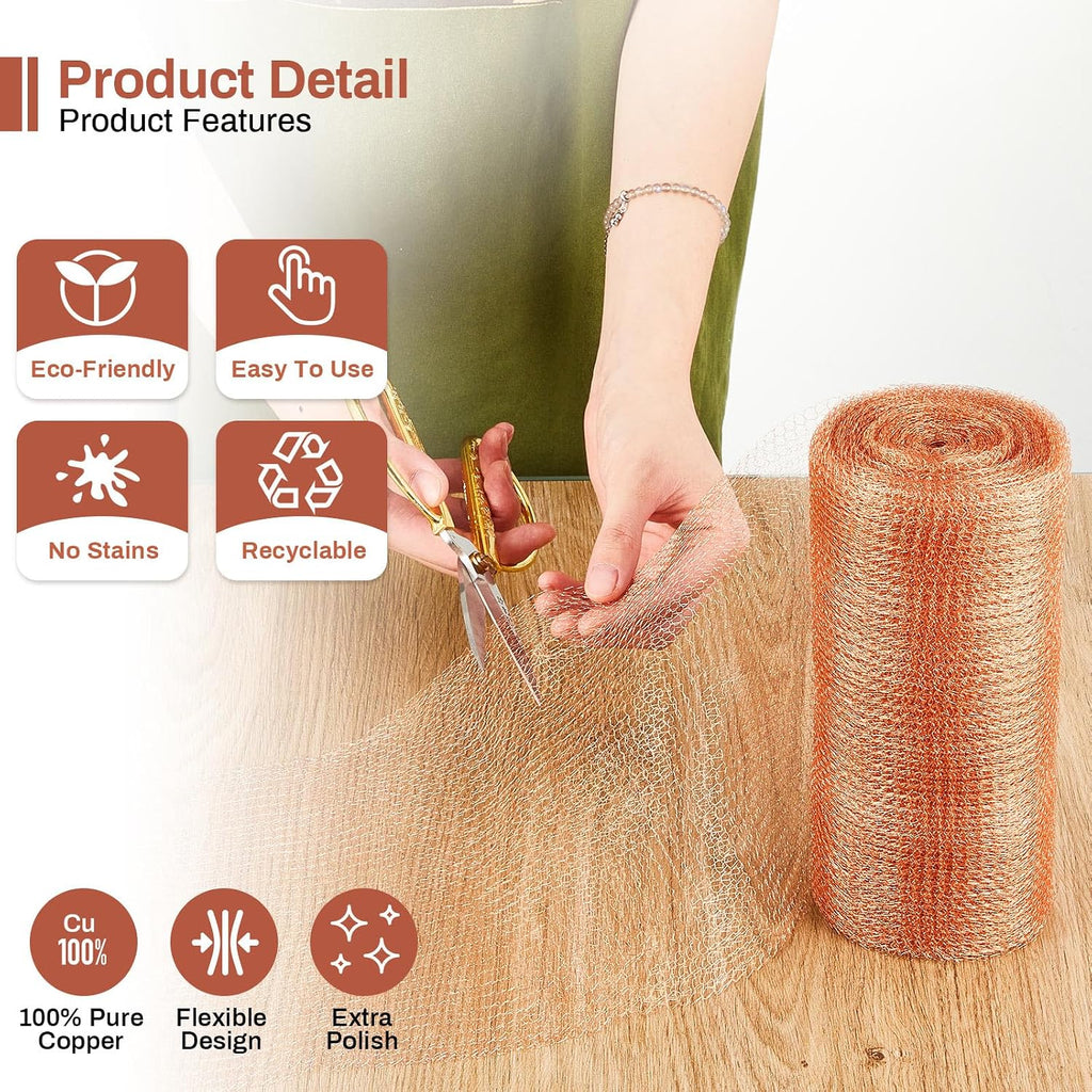 8" x 100 ft Copper Mesh Rodent Control Copper Wool for Slugs Rustproof DIY Hole Filler Pure Wire Mesh for Bat Snail