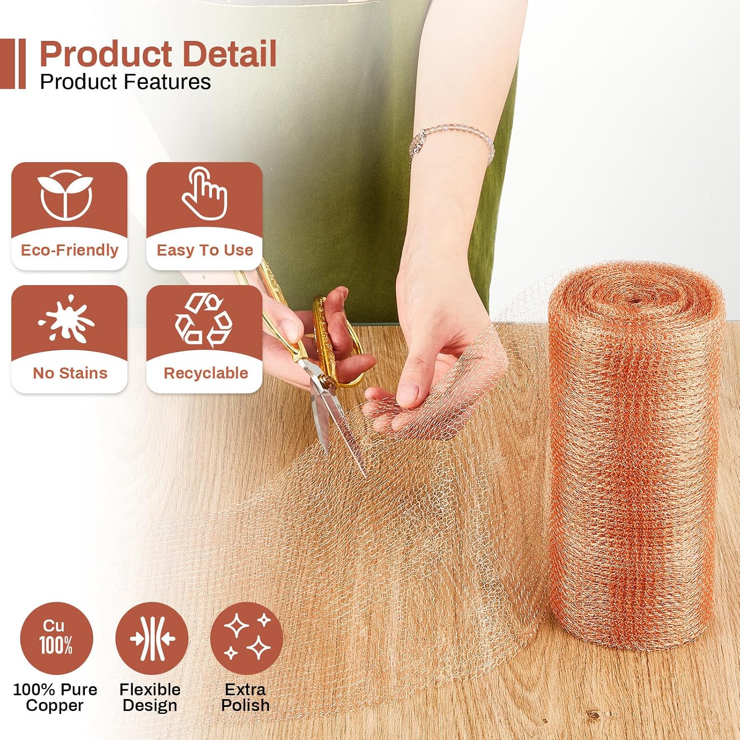 8" x 100 ft Copper Mesh Rodent Control Copper Wool for Slugs Rustproof DIY Hole Filler Pure Wire Mesh for Bat Snail