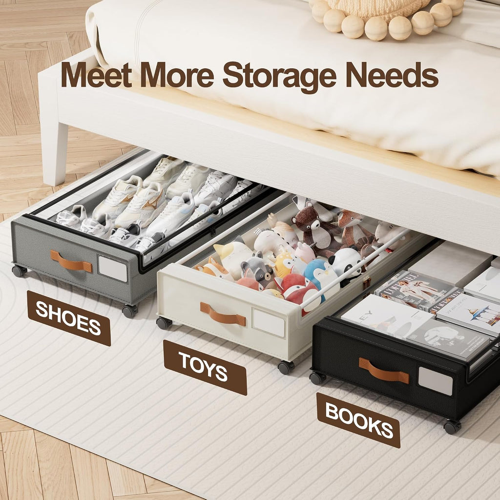 Under Bed Storage with Wheels, 2 Pack Under Bed Storage Containers with Clear Lid, XXL 60 L Underbed Storage Bins