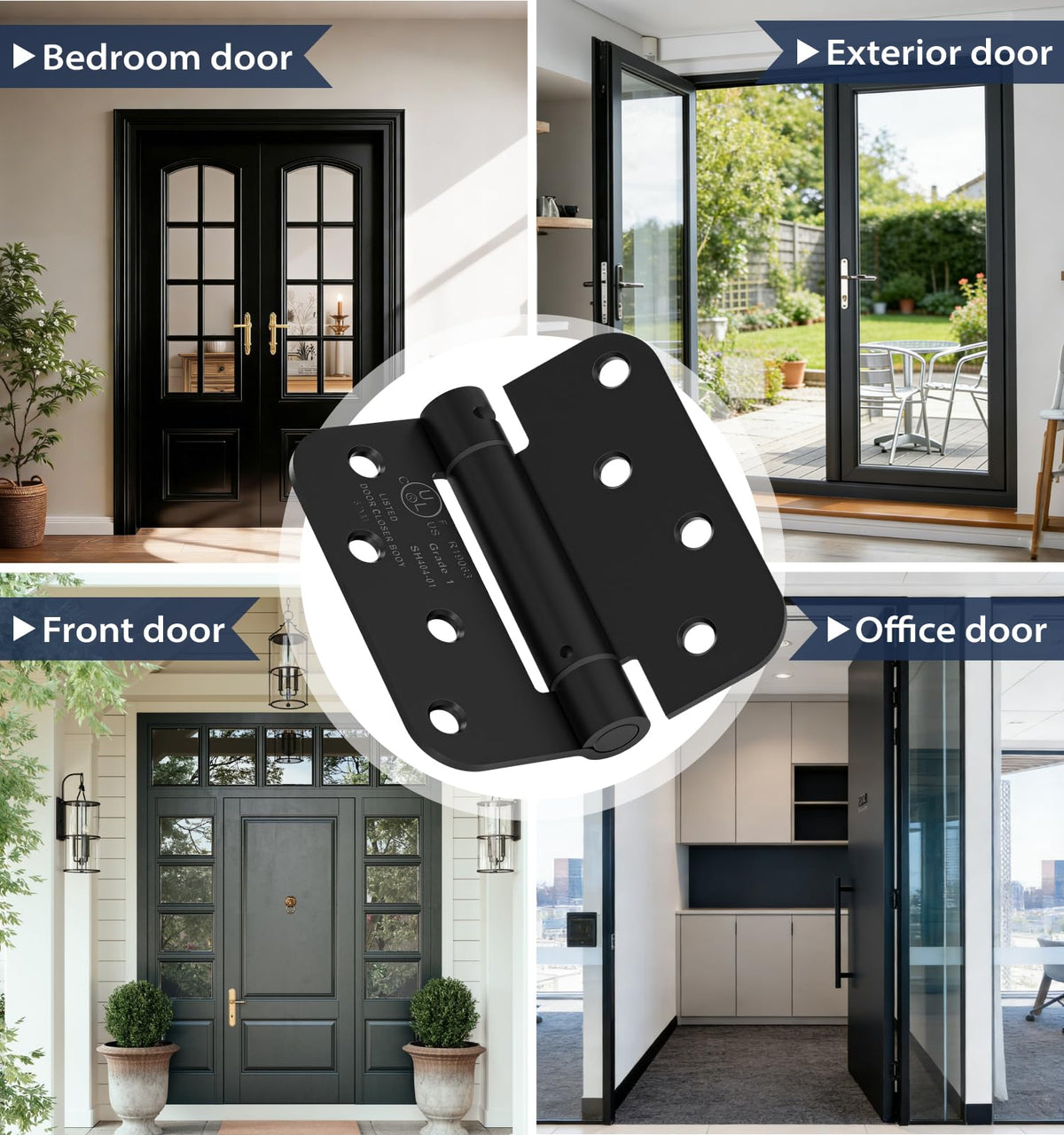 3-Pack 4 Inch Self Closing Door Hinges,5/8" Radius Corners,Black