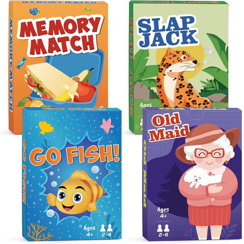 Card Games Go Fish,Old Maid,Slap Jack and Memory Match-4 Decks in 1 Pack,Classic Card Games for Kids Toddlers,Fun