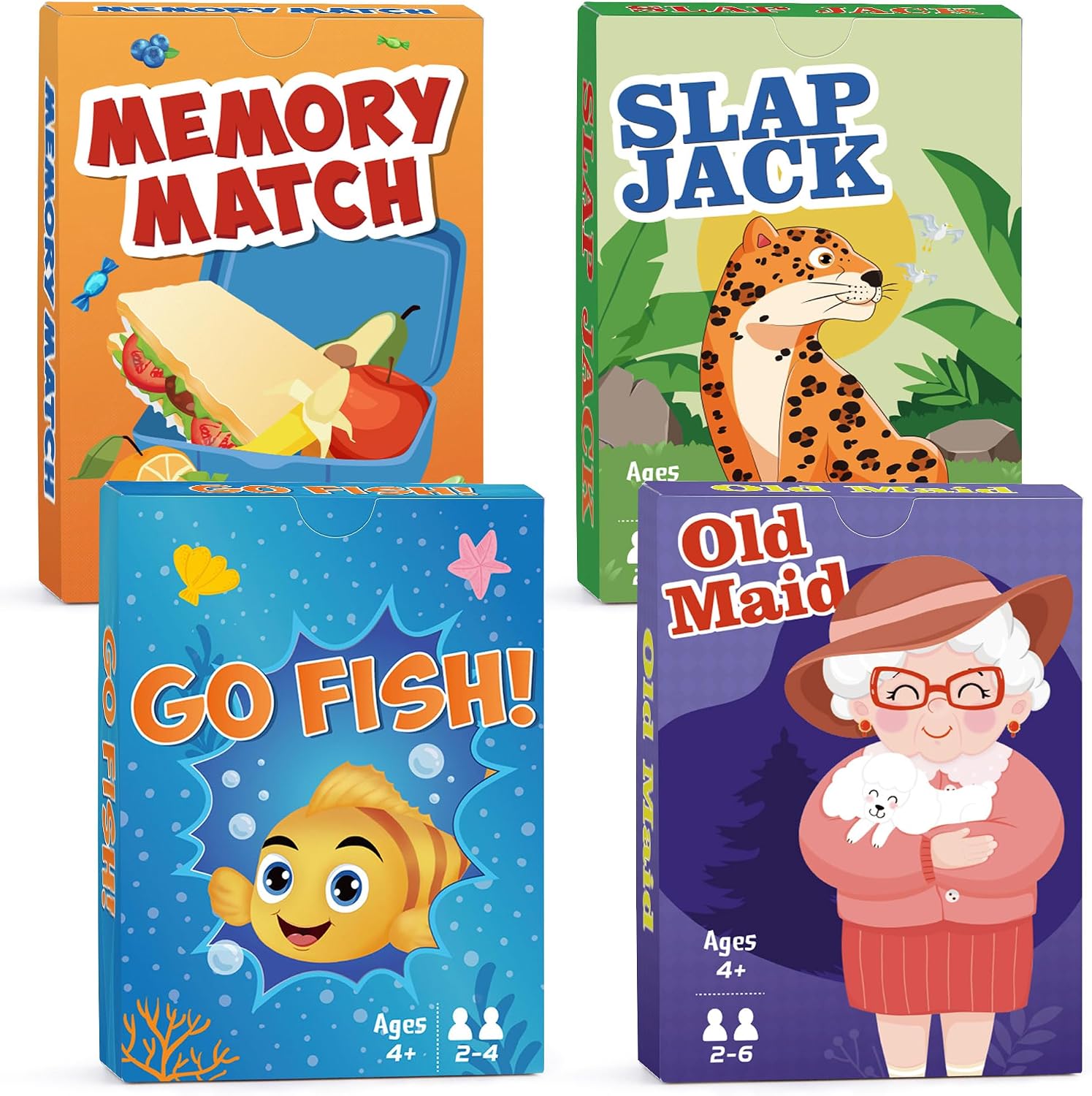 Card Games Go Fish,Old Maid,Slap Jack and Memory Match-4 Decks in 1 Pack,Classic Card Games for Kids Toddlers,Fun